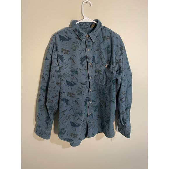 Vintage Eddie Bauer Button Up Shirt Size XL Blue Fish All Over Print - Picture 1 of 8